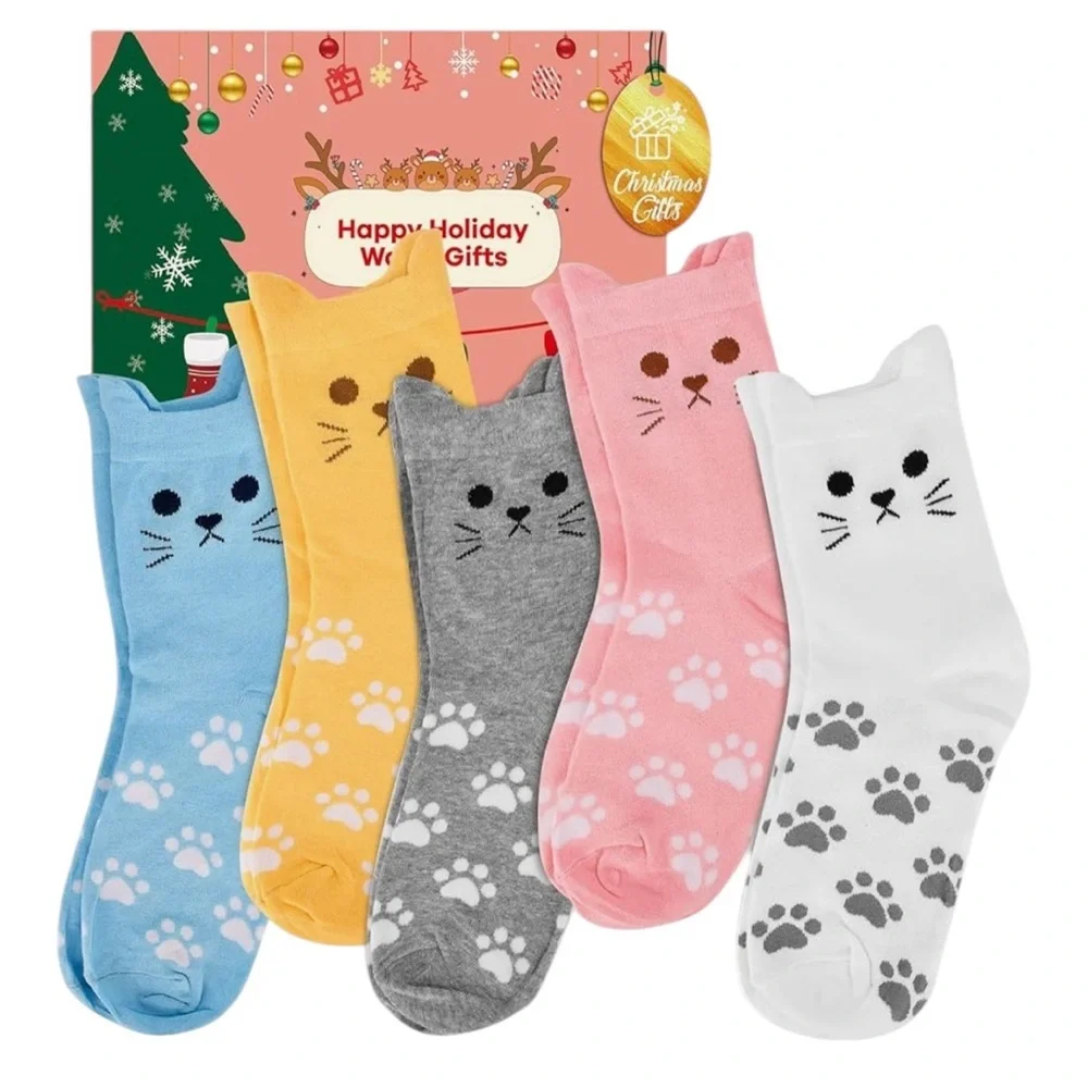 Cat Paw Print Socks Set - Blue,‎ Yellow, Gray, Pink, White women and adolescents